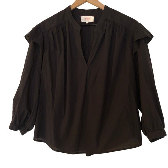 Xirena Aria Blouse Ruffle Black Gauze Split V-Neck Relaxed Fit Size Small EUC - Picture 2 of 7